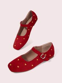CUCCOO DOLLMOD Women's Shoes, Red Suede Square Toe Flats, Love-Embroidered Retro Mary Jane Shoes - Red - View 11