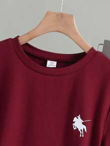 1 pièce, manches courtes, décontracté, imprimé décalé, printemps et été, ensemble de déplacement pour adolescentes, pantalon droit sport et décontracté, ensemble deux pièces léger et confortable à manches courtes. - Rouge foncé - Voir 8