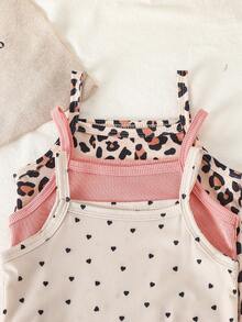 SHEIN Conjunto de camiseta de tirantes acanalada y leggings a juego para hermana y madre, uso diario versátil y casual para niñas bebés, negro + gris jaspeado + estampado de leopardo - Multicolor - Ver 8