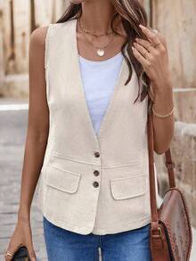EMERY ROSE Women's  Drawstring Pocket Decorated Vest Jacket - Apricot - View 3