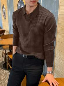 JOLTRO 男士純色長袖休閒通勤 Polo 衫，正式款 - 咖啡棕 - 查看 3