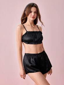Bonmuse 2pcs Women Camisole Top + Elastic Waist Shorts Pajama Set - Black - View 8