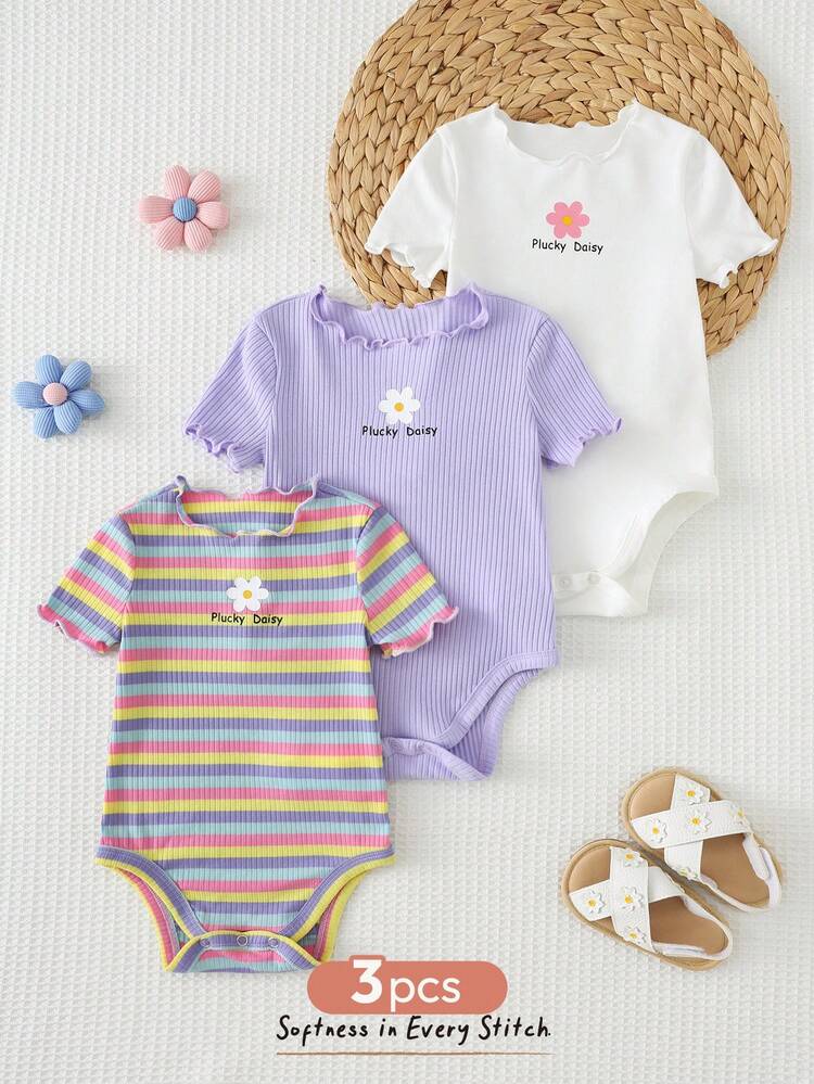 Cozy Pixies 3pcs Baby Girl Floral & Rainbow Striped Round Neck Short Sleeve Romper Set - Multicolor - View 3