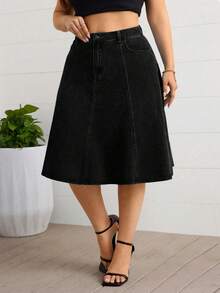 EMERY ROSE Plus Size High Waist Washed Denim Casual A-Line Skirt - Black - View 3