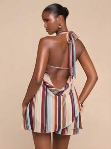 SHEIN BAE Đầm maxi nữ bằng chiffon kẻ sọc nhiều màu sắc, cổ áo choàng, hở lưng, xếp ly, gợi cảm và thanh lịch, thích hợp cho kỳ nghỉ biển, đầm maxi in họa tiết đi biển, đầm đi biển, đầm hở lưng, đầm kẻ sọc, đầm mùa hè, đầm ngày Valentine, đầm dự tiệc, đầm thanh lịch. - Nhiều màu - Xem 2