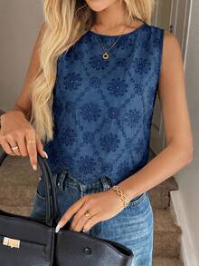 Áo croptop không tay cổ tròn thêu họa tiết dành cho nữ, thích hợp cho kỳ nghỉ. - Màu xanh hải quân - Xem 5