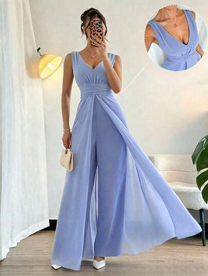 Rafferiza Bộ jumpsuit ống rộng bằng chiffon đính ngọc trai, cổ chữ V, eo xếp ly, thanh lịch, thích hợp làm trang phục dự tiệc cưới, màu tím.