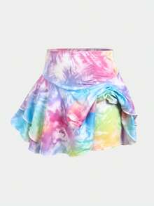 SHEIN Tween女孩彩色漸層印花高腰彈性運動裙，側邊口袋，防走光，適合夏季戶外運動，也是很棒的禮物，適用於學校、校園、大學暑假穿著 - 彩色 - 查看 2