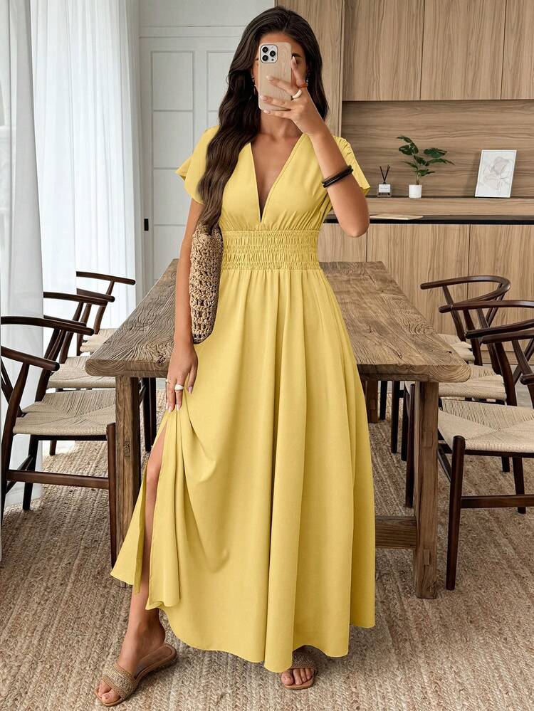 summer casual wedding dresses Spaghetti Strap Simple Cheap Wedding Dresses with Slit AWD1114 Designed as a boho deep v satin dress Luxury Satin Colors:Olive Sabrin Dress | Black