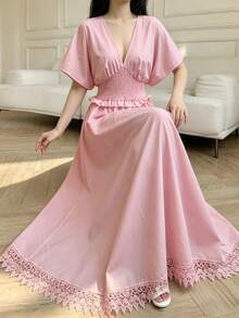 Modelyn 女士优雅褶皱腰身短袖A字褶裥连衣裙，高品质修身设计 - 粉色 - 查看 4