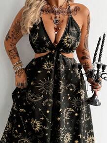 Flirla Plus Size Sexy Backless Halter Starry Sky Print Dress For Vacation - Black - View 4