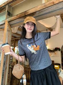 TOM AND JERRY X DAZY 女款圓領波點韓系卡通印花休閒短袖T恤圖案上衣 - 灰色 - 查看 1