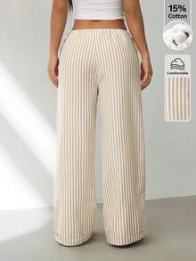 SHEIN PETITE Quần ống rộng kẻ sọc kiểu cổ điển dành cho nữ, có thắt lưng, thích hợp mặc hàng ngày, kiểu dáng suông, trang phục mùa thu phong cách cổ điển cho nữ. - Màu Khaki - Xem 2