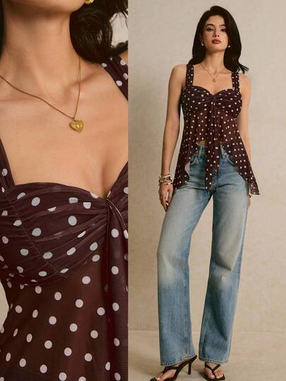 Poéselle Blusa casual versátil con volantes y lunares para citas y salidas