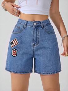 SHEIN EZwear 女士轻便透气牛仔短裤，时尚百搭户外服饰，春夏款 - 中等水洗藍 - 查看 1