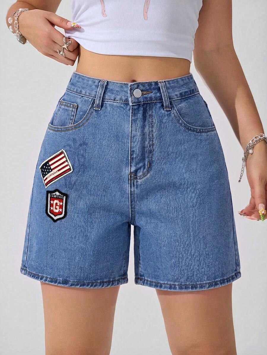 SHEIN EZwear 女士轻便透气牛仔短裤,时尚百搭户外服饰,春夏款 - 中等水洗藍 - 查看 1