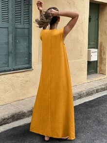 Selianne Đầm dài màu vàng cổ điển dành cho nữ, thích hợp cho mùa thu. - gừng - Xem 2