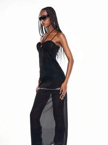 Airlisse Black Y2K Punk Autumn Cowgirl Slip Mini Dress, Halter Cross Cutout Eyelet Trim Bodycon Mesh Overlay Party Gown Night Out Black Autumn - Black - View 6
