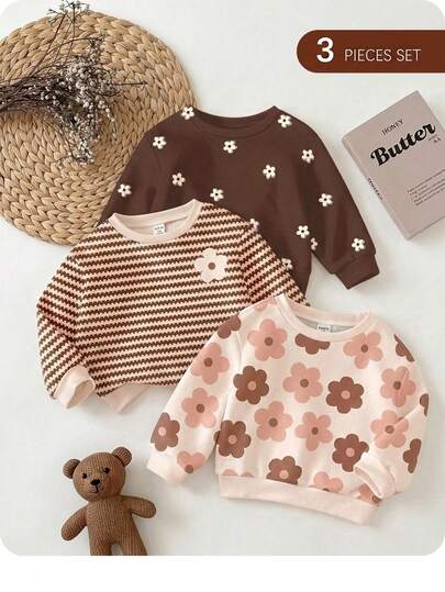 SHEIN Happikins 3件套可爱花卉系列，米白色、棕色条纹、棕色，女婴休闲简约舒适加厚柔软圆领卫衣，适合秋冬季、日常穿着、新年、居家穿着。