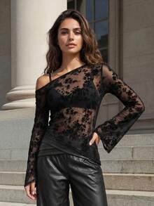 Asymmetrical One-Shoulder Top With Wide Jacquard Tulle Sleeves - Black - View 1
