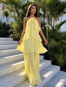 Firerie Đầm voan xếp tầng, hở lưng, thanh lịch, lãng mạn họa tiết hoa, chất liệu chiffon, thích hợp cho dự tiệc cưới, sinh nhật, tiệc chiêu đãi, kỳ nghỉ hoặc hẹn hò. - Màu vàng - Xem 3
