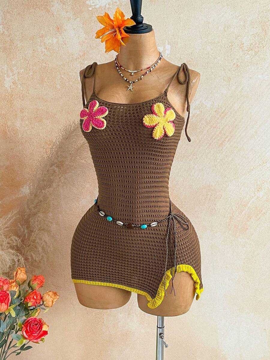 SHEIN WYWH 女士花卉贴花扭结修身吊带毛衣连衣裙 - 卡其色 - 查看 1