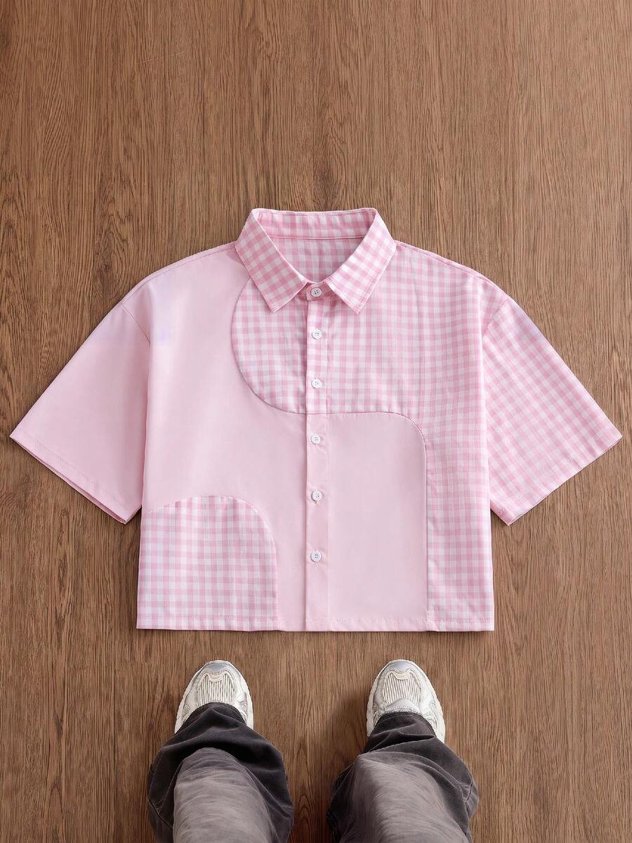 SWAVVY Camisa casual de manga corta con botones delanteros y estampado de cuadros para hombres - Rosa - Ver 1