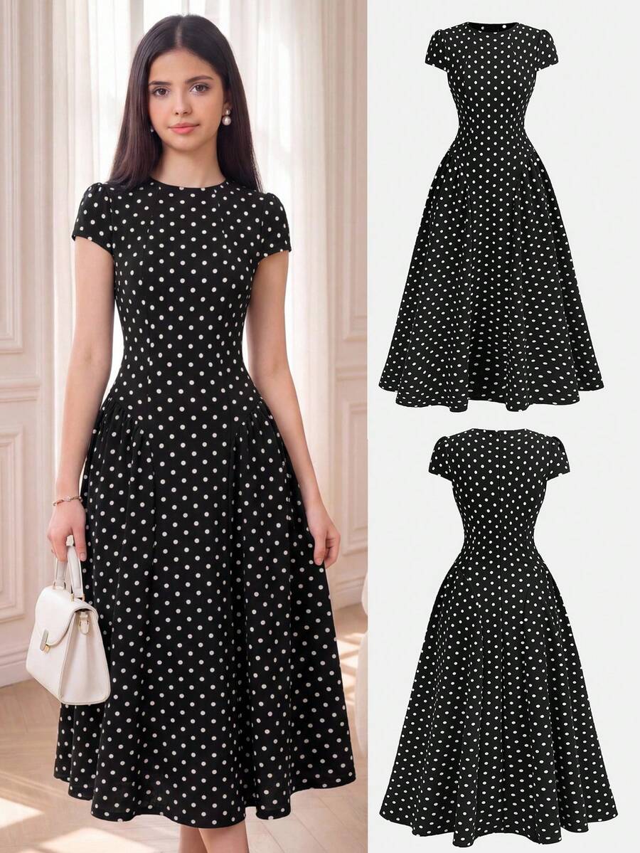 SHEIN Teen Girl Elegant Polka Dot Print Round Neck Short Sleeve Dress, Summer - Black - View 1