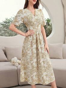 Modelyn Đầm maxi nữ kiểu vintage in họa tiết đơn giản, thích hợp mặc hàng ngày, hoặc mặc vào buổi tối. - Màu vàng - Xem 3