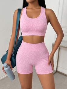 Breezaya Seamless Leopard Jacquard Athletic ShortsWomen Sweat Short, Gym Short, Biker Short - Pink - View 1