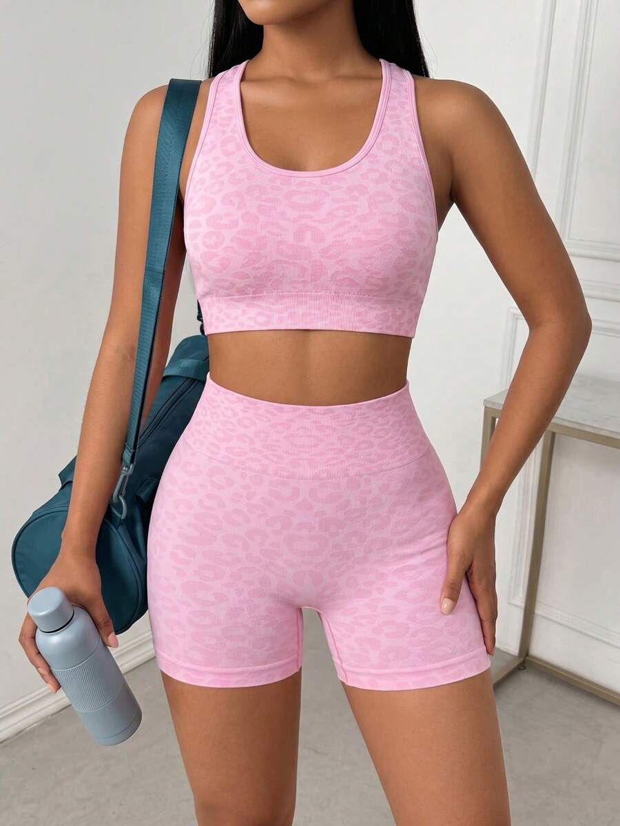 Breezaya Seamless Leopard Jacquard Athletic ShortsWomen Sweat Short, Gym Short, Biker Short - Pink - View 1