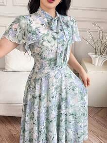 Modelyn 女士荷叶边领带腰部喇叭裙摆泡泡袖连衣裙 - 綠色 - 查看 3