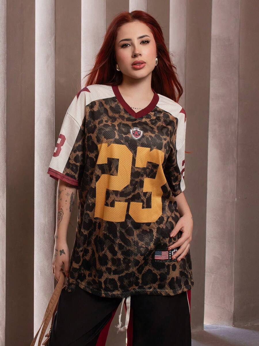 FER DURAN FER DURAN 女士夏季节日复古街头运动服数字印花超大棒球服 T 恤 - 棕色 - 查看 1