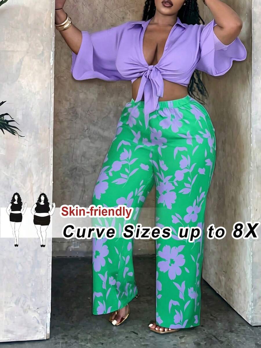 SHEIN CURVE+ Kích cỡ US22 (dành cho người có thân hình đầy đặn) Lễ hội âm nhạc, Kỳ nghỉ bên bờ biển, Phong cách Bohemia 2025 Bộ trang phục thường ngày màu trắng đa năng, gợi cảm/tối giản gồm áo crop top thắt eo và quần ống đứng Trang phục đi biển cho nữ/Đầm đi biển/Trang phục nghỉ mát biển/Đồ cần thiết đi biển/Đầm tốt nghiệp/Đầm dự tiệc trà, Bộ trang phục mùa hè 2 mảnh Trang phục hè/đồng quê/kỳ nghỉ biển/Trang phục đi biển/Đồ mặc đi biển - Màu tím - Xem 1