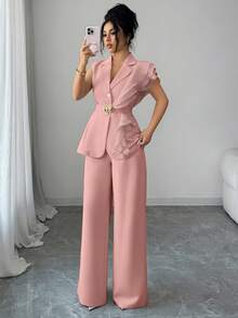 Elenzya Traje formal elegante de mujer color albaricoque, conjunto de blazer con cuello de volantes de organza con lentejuelas y cintura con lazo, que incluye chaqueta sin mangas y pantalones rectos, color burdeos, adecuado para Halloween, Navidad, Año Nuevo, ceremonia de graduación, boda y otras ocasiones - Rosa Pálido - Ver 3