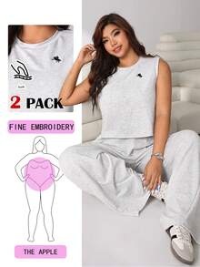 Solflare Bộ 2 món gồm áo crop top không tay thêu hình ngựa màu đen và quần ống rộng cạp chun, thích hợp cho các dịp thường ngày, dự tiệc, đi làm, lễ hội âm nhạc, đi học, nghỉ mát biển, thời trang đường phố, mặc nhà, dạo phố, và cả size lớn. - Màu Xám nhạt - Xem 1