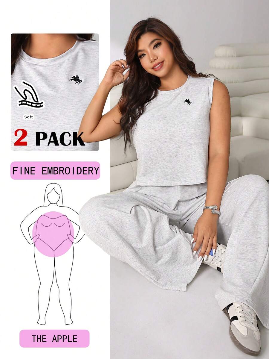 Solflare Bộ 2 món gồm áo crop top không tay thêu hình ngựa màu đen và quần ống rộng cạp chun, thích hợp cho các dịp thường ngày, dự tiệc, đi làm, lễ hội âm nhạc, đi học, nghỉ mát biển, thời trang đường phố, mặc nhà, dạo phố, và cả size lớn. - Màu Xám nhạt - Xem 1