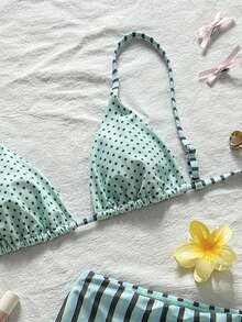 SHEIN Swim Mod Bộ bikini gợi cảm dành cho nữ, thích hợp cho kỳ nghỉ hè ở bãi biển, họa tiết sọc và chấm bi ngẫu nhiên, buộc dây phía trước và hở lưng. - Màu xanh Bạc hà - Xem 3