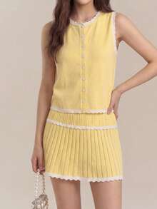 Muvela Cardigan de vară pentru femei, casual, cu imprimeu ondulat, în culori contrastante, cu nasturi în față, tricotat, cu guler rotund, potrivit pentru brunch, ieșiri, întâlniri, naveta, vacanțe în croazieră, ideal pentru excursii în Ibiza. Set galben, ținută de lucru pentru femei. - Galben - Vizualizare 6