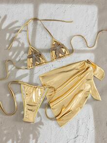 Swim SXY Bộ bikini 3 mảnh đính đá hình sao biển mới, áo tam giác hở lưng cổ yếm, quần cạp cao buộc dây bên hông, váy sarong, đồ bơi gợi cảm cho kỳ nghỉ biển. - Vàng - Xem 4