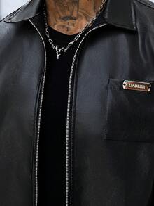 SLATEMANN 男士纯色PU皮革短袖拉链衬衫和短裤套装 - 黑色 - 查看 4