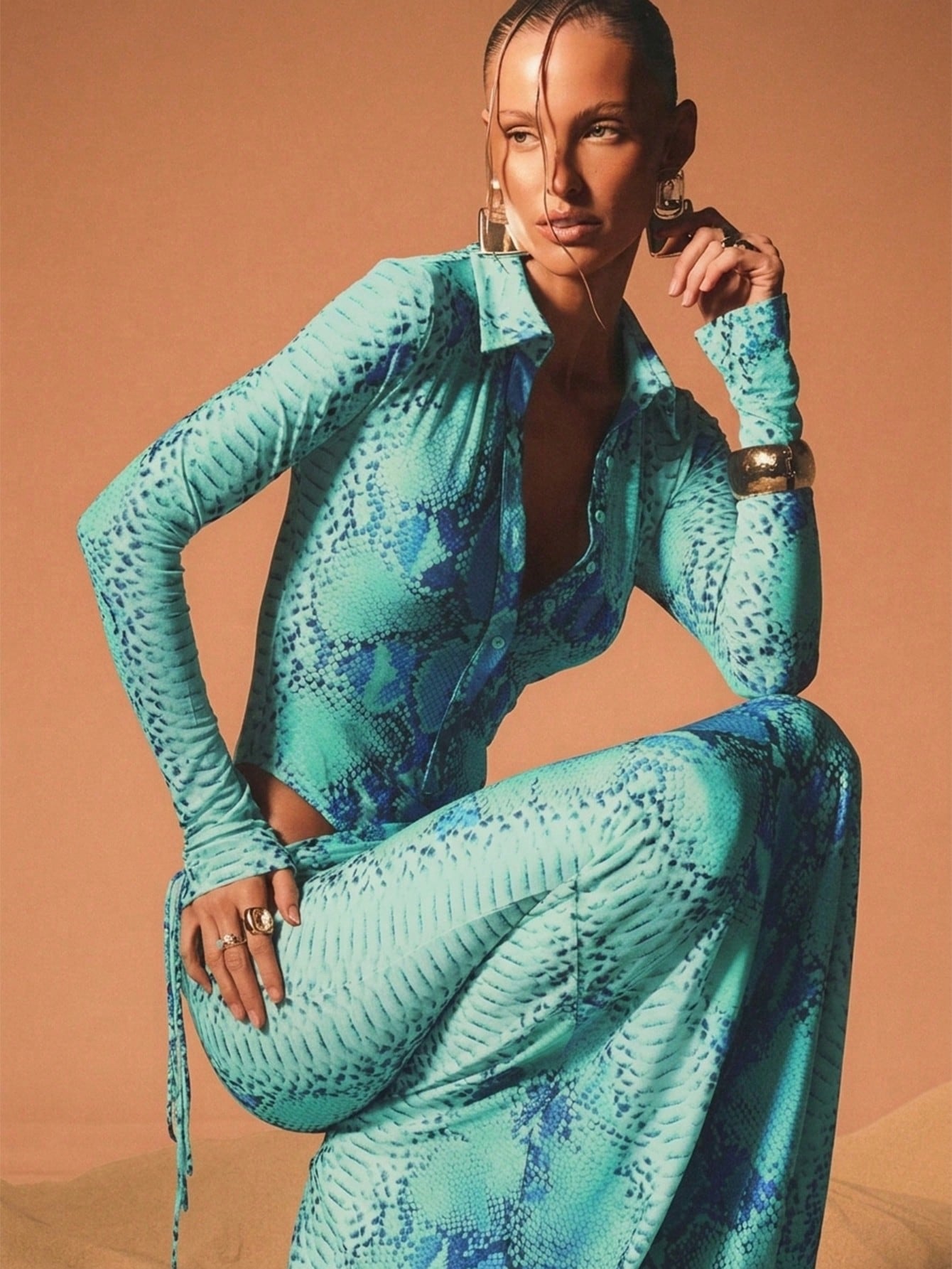KIZN Snake Print Mesh Bodysuit With Cutout Sides