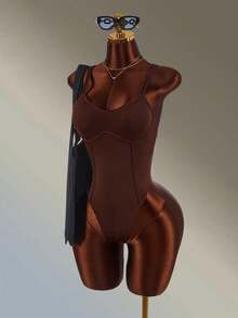 Amplova Solid Color Spaghetti Strap Sleeveless Fitted Jumpsuit, Summer Brown Going Out Workout Exercise, Fitness, Running Summer Autumn Gym Backless Sexy Daily Wear - Brown - View 3