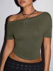 SHEIN ICON 女士纯色露背短袖露脐T恤 - 軍綠色 - 查看 5