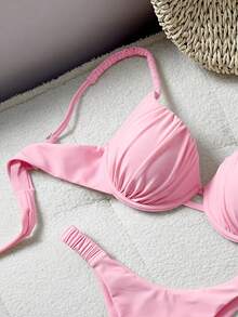 Bonvoyette Vacation Rigid Cup Steel Framed Spaghetti Strap Bikini Set With Triangle Bottoms - Pink - View 6
