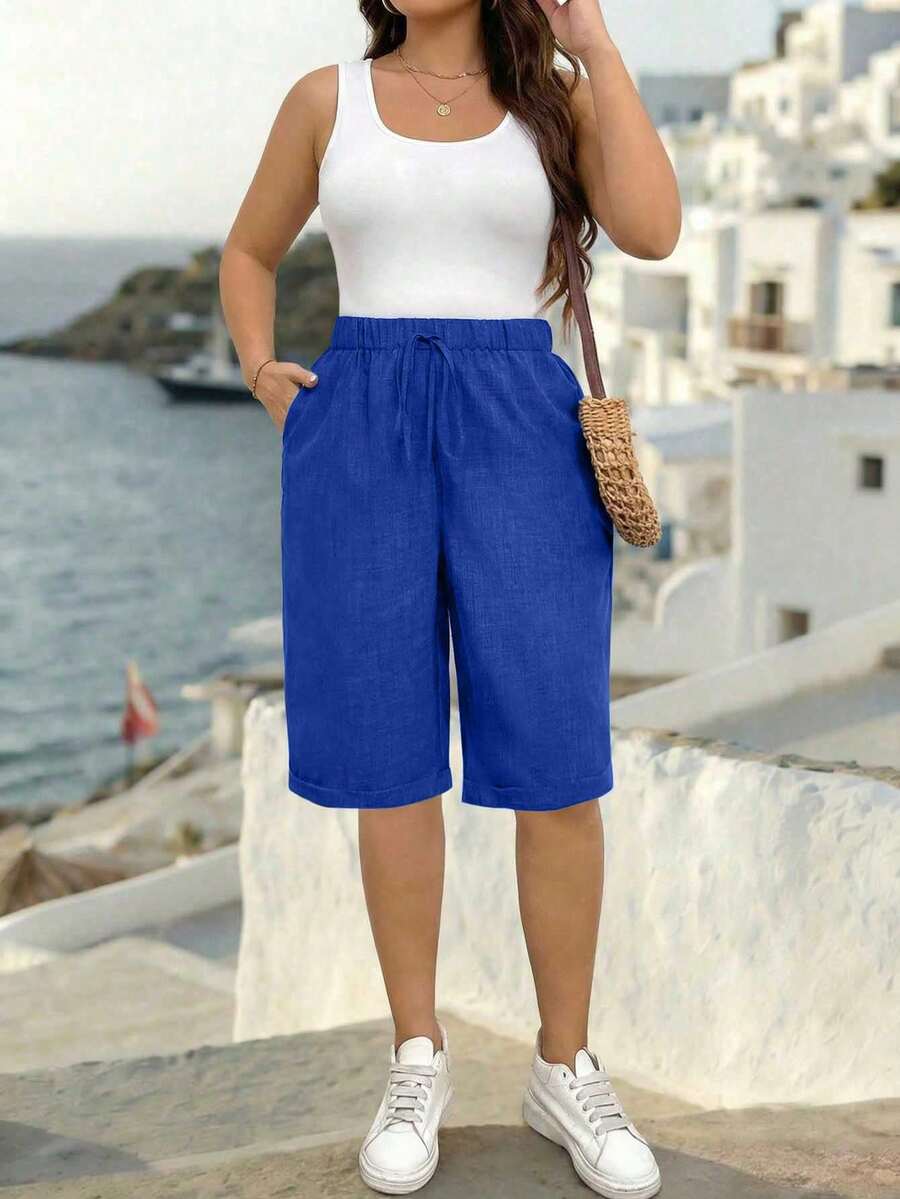 EMERY ROSE Pantalones cortos casuales de unicolor talla grande - azul real - Ver 1