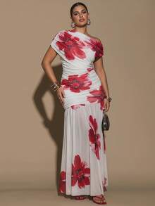 SHEIN BAE Plus Size Women's White Background Red Flower Dress,Women's Plus Size  Mermaid Maxi Dress Elegant Stand Collar Bodycon Ruched Sleeveless Evening Gown,Floral Print, Wrap Dress, Extra-Long Dress For Dates - Multicolor - View 4