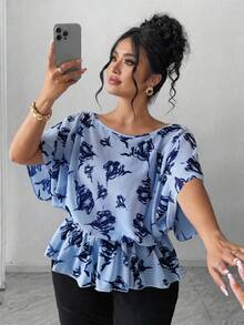 Elenzga Áo kiểu nữ cỡ lớn in họa tiết, tay cánh dơi, rộng rãi và thoải mái, thanh lịch và tinh tế, màu mơ chủ đạo với họa tiết in đen, phù hợp cho các bữa tiệc, tiệc trà chiều, đi làm, áo kiểu cỡ lớn đa năng. - Nhiều màu - Xem 7