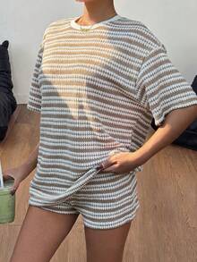 SHEIN PETITE CURVE Plus Size 2PCS Women's Loose Striped Round Neck T-Shirt And Elastic Waist Pants, Brown, Summer, Basic, Casual, Vacation Loungewear Faux Sweater Gym - Multicolor - View 7