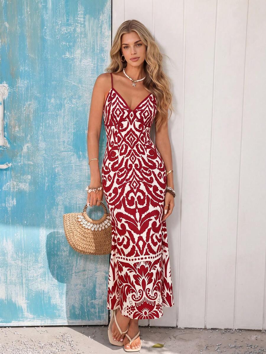 Vivid Eden Women's All-Over Print Casual Party & Travel Mid-Length Slip Dress - Red and White - View 1